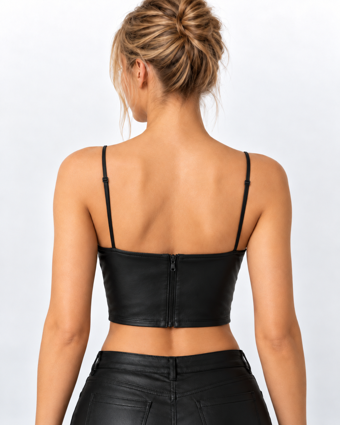 Women's Black Genuine Leather Crop Cami Top - V-Neck Clubwear