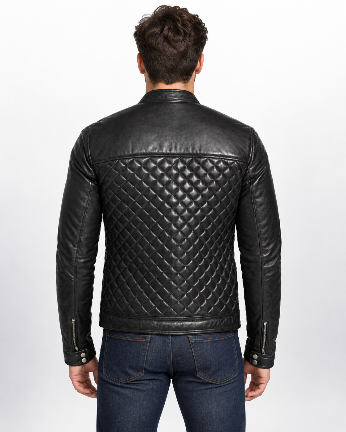 Men's Black Leather Cafe Racer Jacket - Quilted Motorcycle Bomber