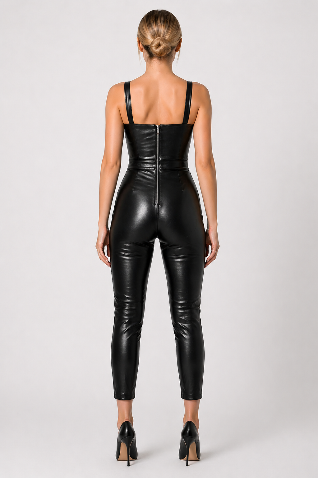 Women's Black Genuine Leather High Waist Slim Fit Catsuit Jumpsuit - Luxury Bodycon Leather Outfit - Luxurena Leather