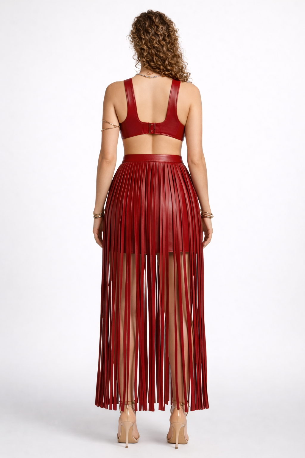 Women's Red Genuine Leather Halter Fringe Belt Dress - Luxury Statement Cut-Out Dress - Luxurena Leather