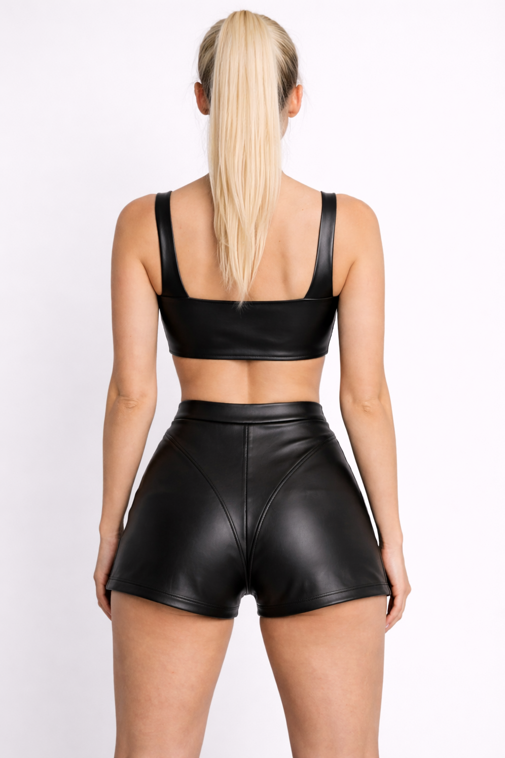 Women's Black Genuine Leather Crop Bra Top & High-Waisted Shorts Set - Sleek Minimalist