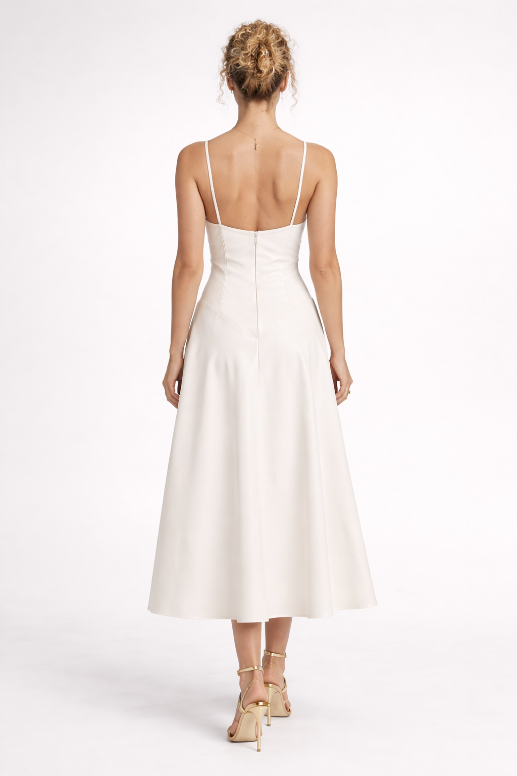 Women's White Genuine Leather Flared Midi Dress - Sweetheart Neck, Sculpted Fit