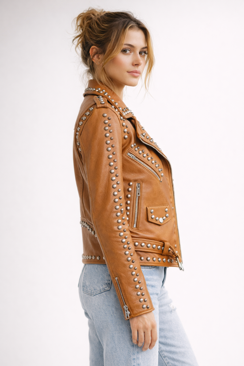 Women's Brown Genuine Leather Western Dome Studded Biker Jacket - Luxurena Leather