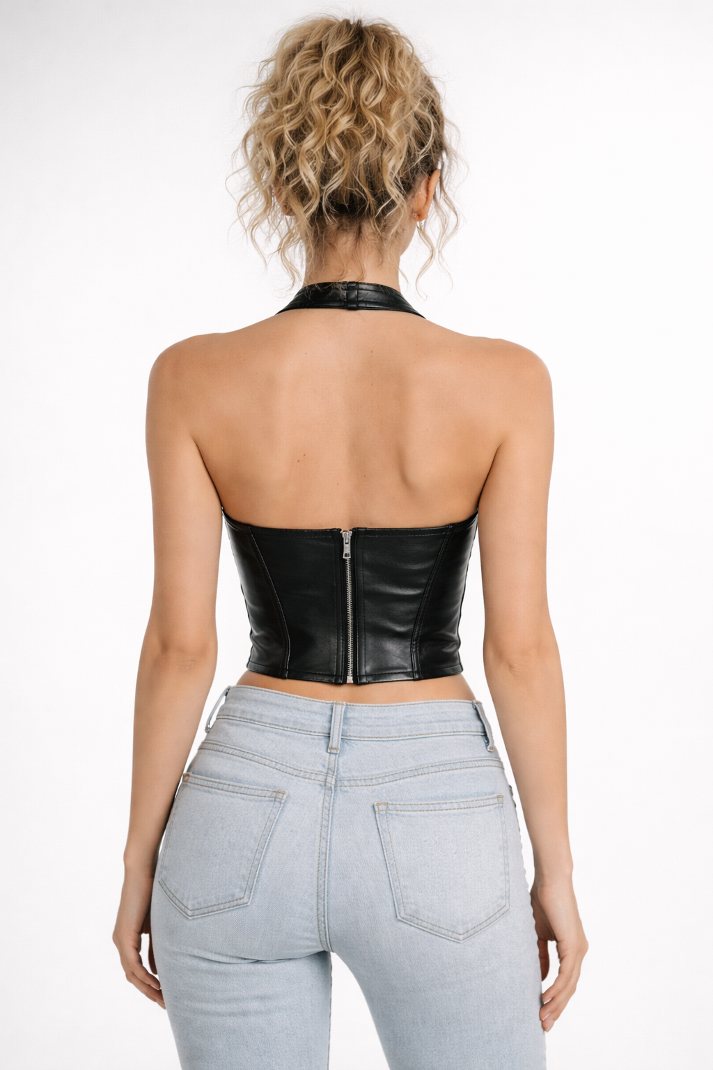 Women's Black Genuine Leather Lace-Up Bustier Crop Top - Halter Neck Slim Fit Tank Style - Luxurena Leather