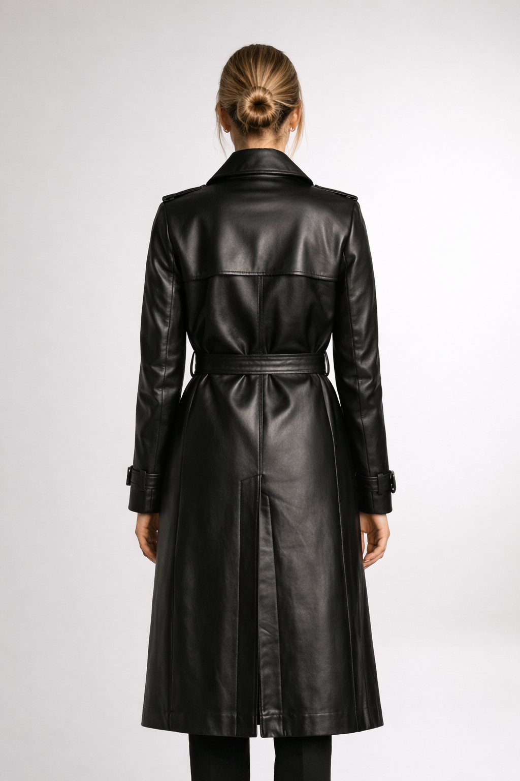 Women's Black Genuine Leather Belted Trench Coat - Classic Long Luxury Coat