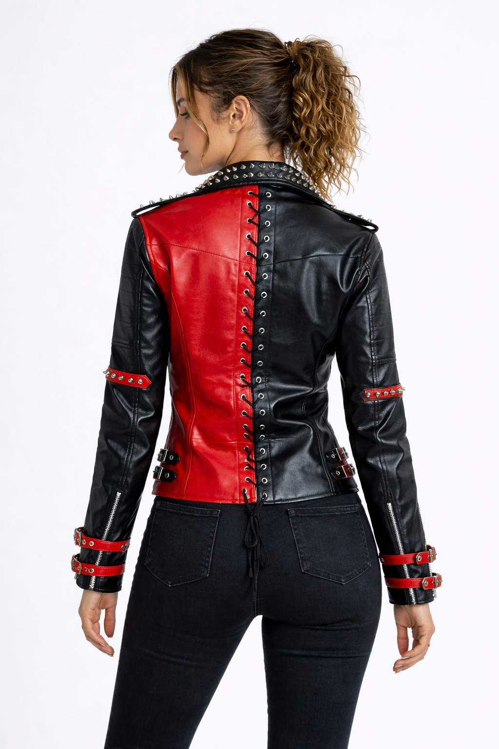 Women's Black & Red Studded Genuine Leather Biker Jacket – Premium Dual Tone Moto Style - Luxurena Leather