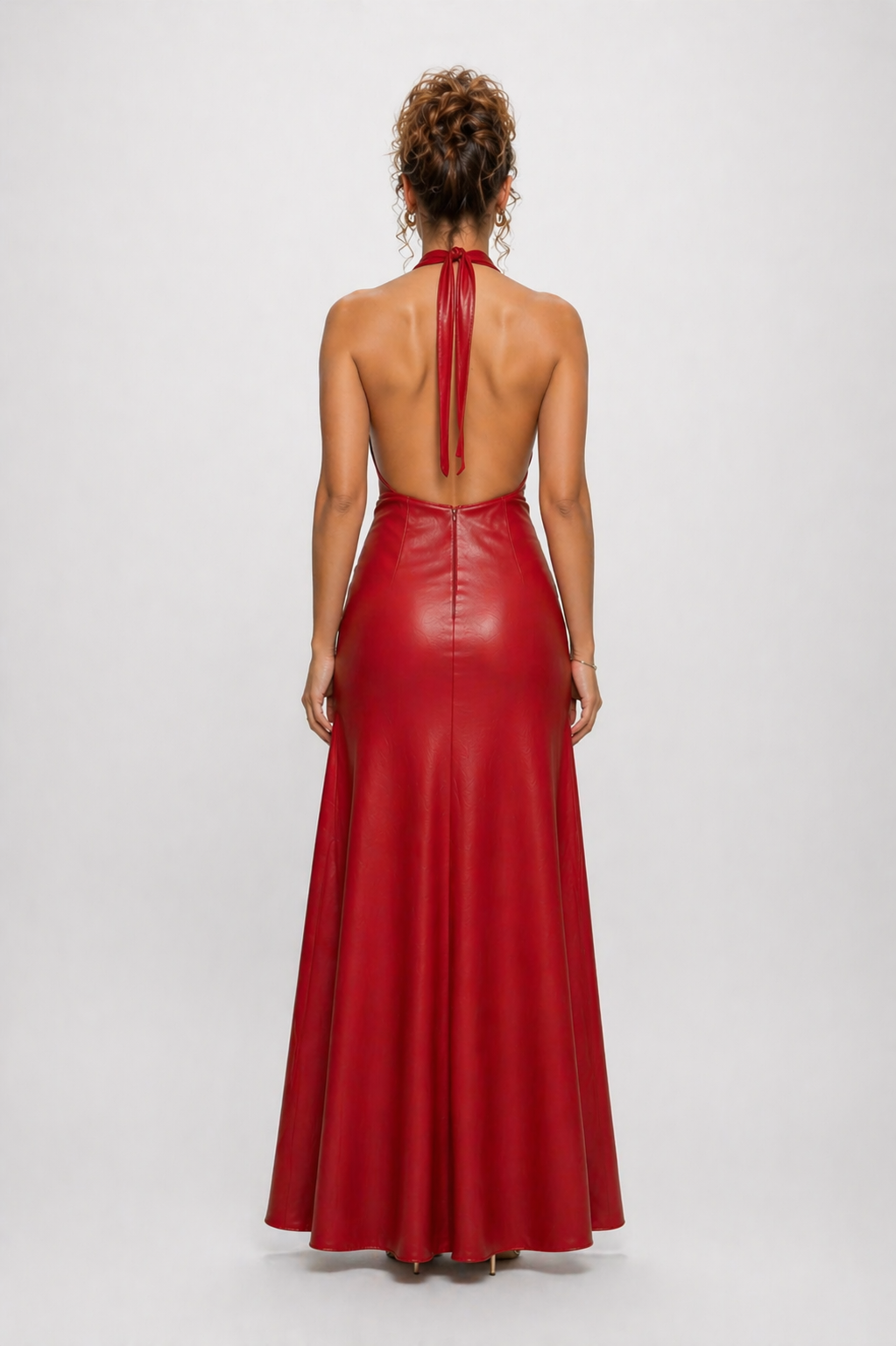 Women's Red Genuine Leather Halter Neck Maxi Dress with High Slit - Luxurena Leather