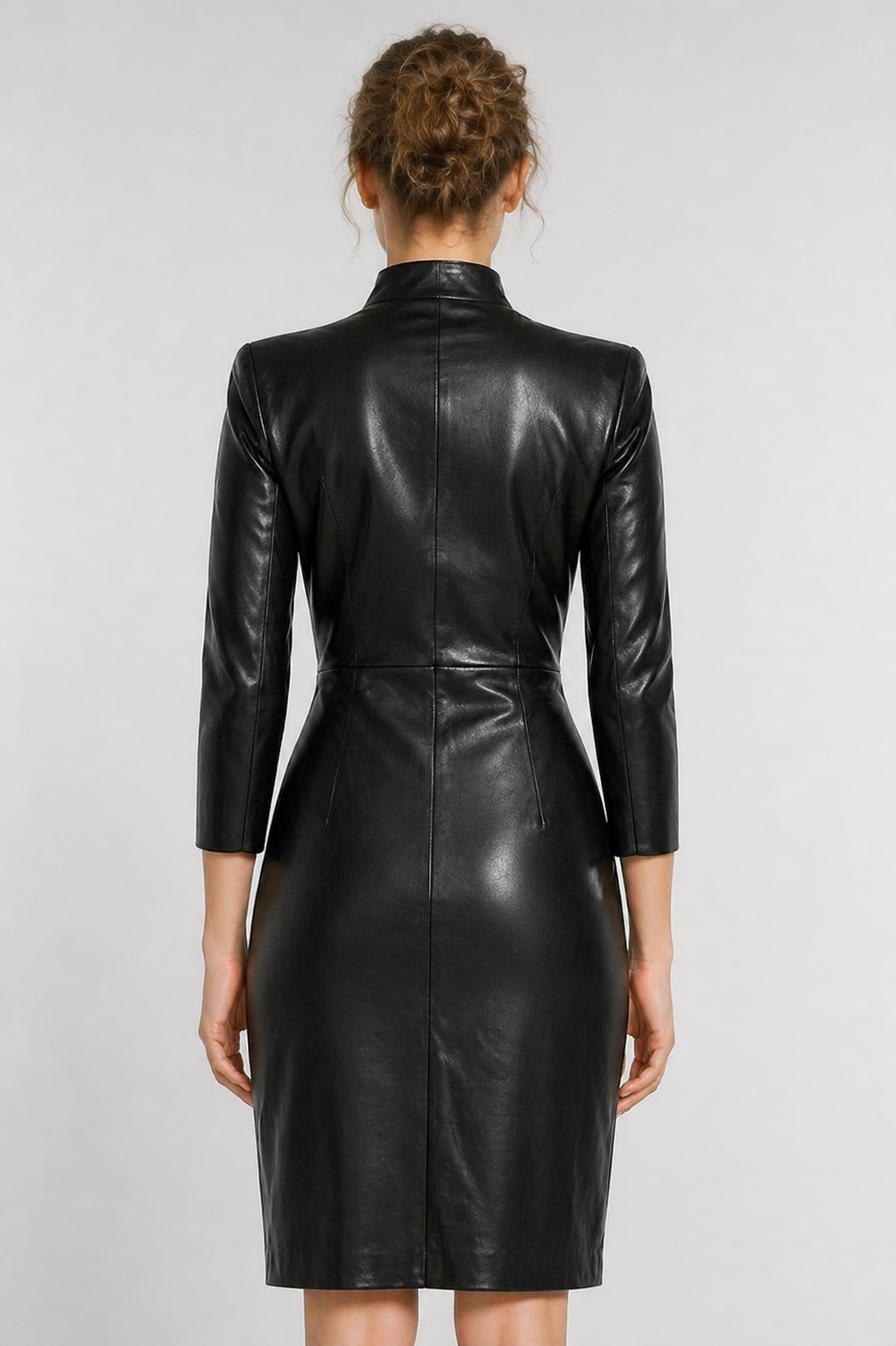 Women's Black Genuine Leather Front Zip Formal Midi Dress - Soft Real Leather - Luxurena Leather