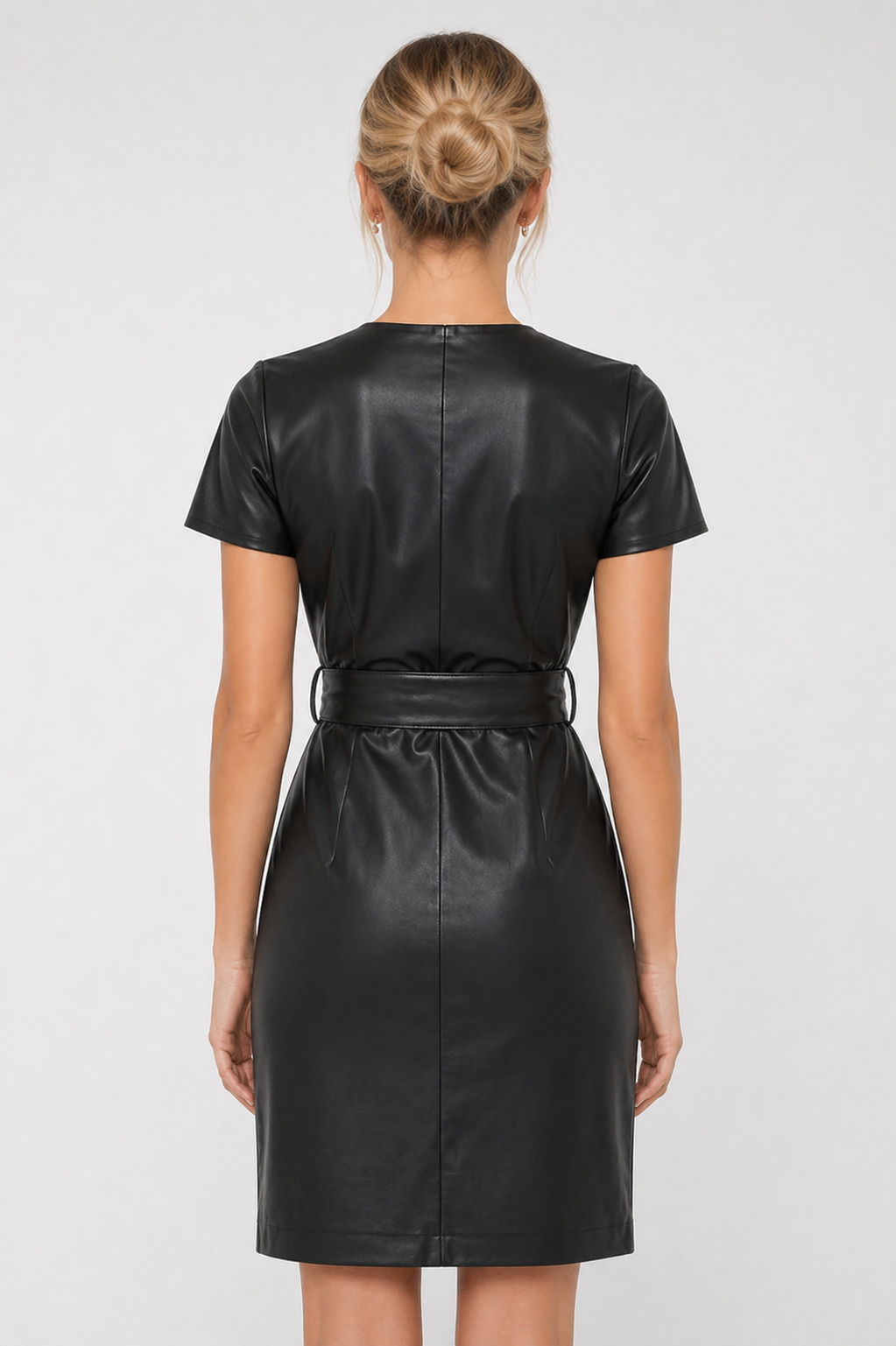Women's Black Genuine Leather Wrap Dress - High Waist Belted V-Neck Short Sleeve Luxury Dress - Luxurena Leather