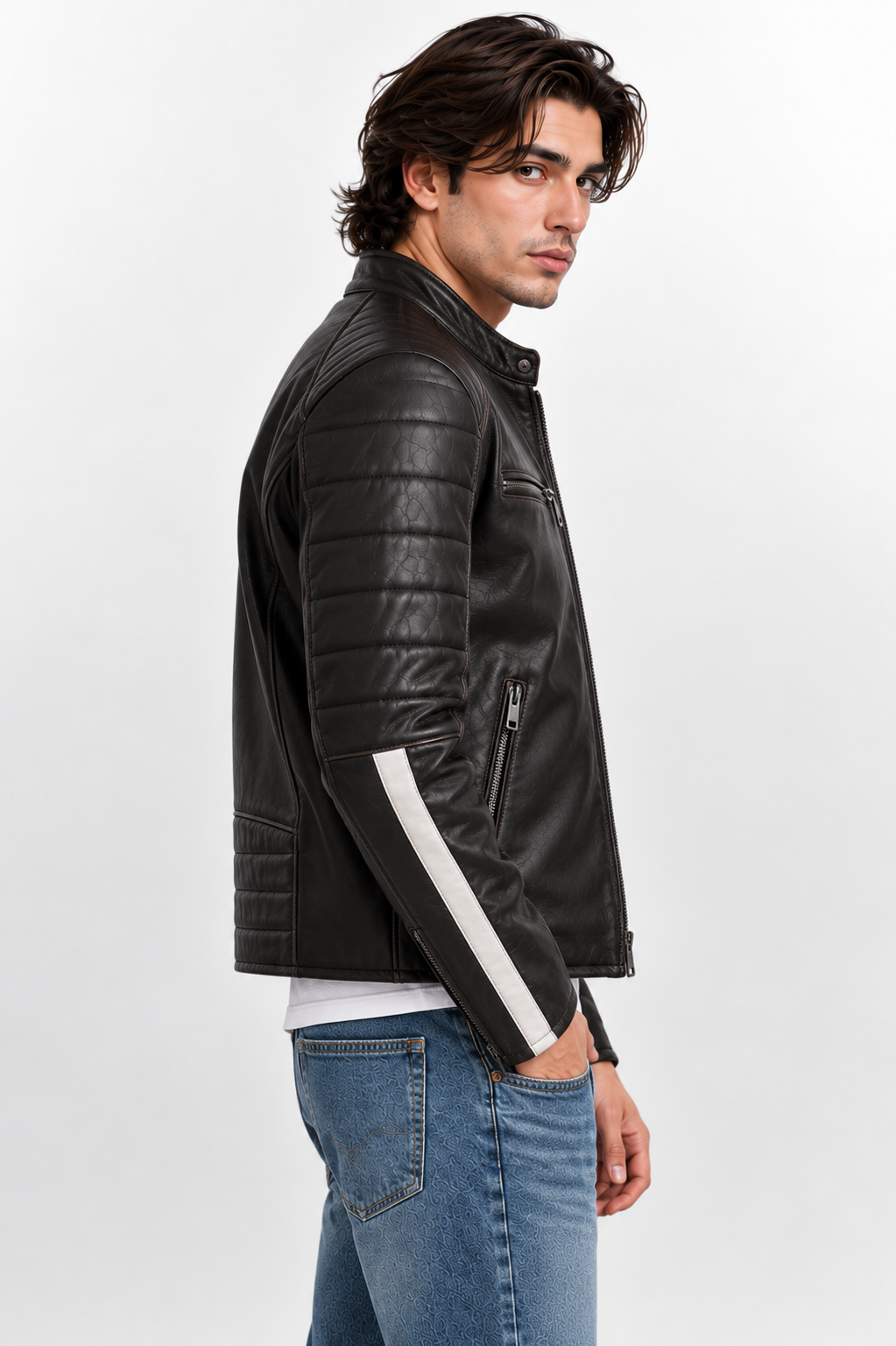 Men's Genuine Black Leather Racer Jacket with Striped Sleeves