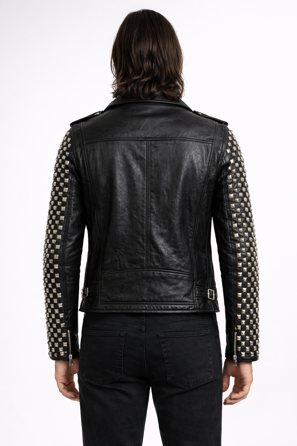 Men's Black Genuine Leather Dome Stud Biker Jacket - Premium Studded Motorcycle Style - Luxurena Leather