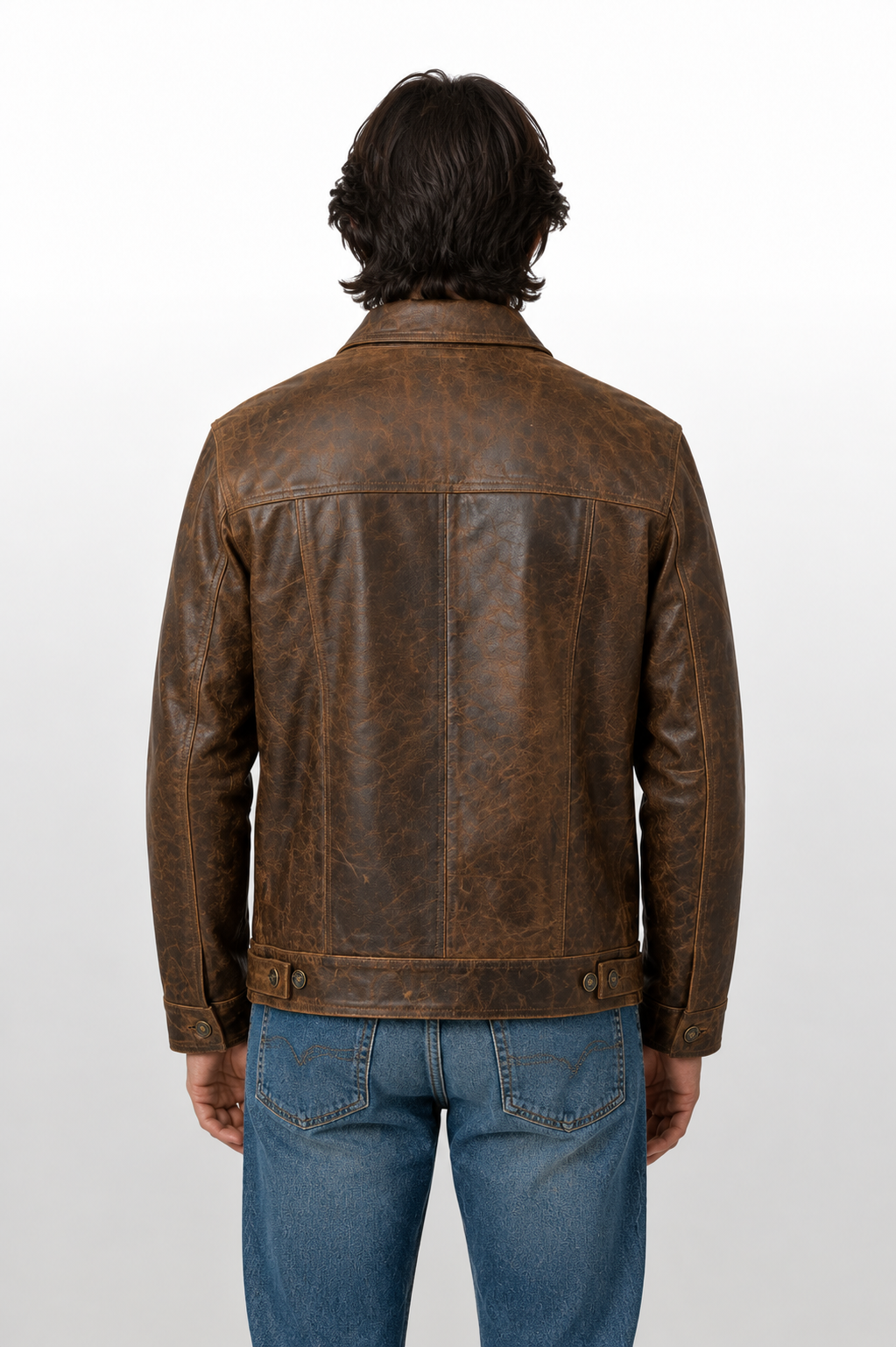 Men's Distressed Brown Full-Grain Cow Leather Trucker Jacket with Antique Brass Buttons
