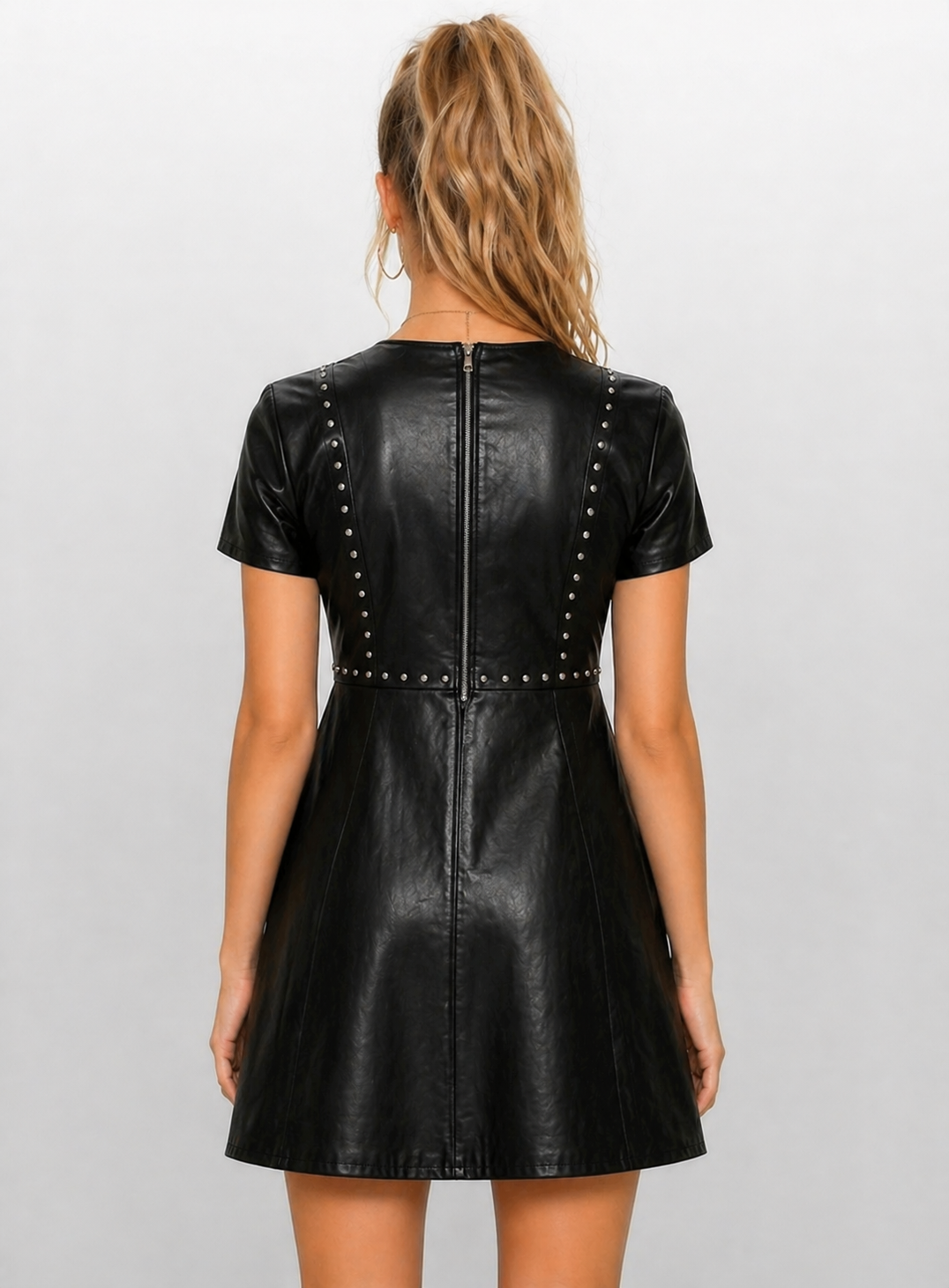 Women's Black Genuine Leather Studded Mini Dress - Fit & Flare Silhouette - Luxurena Leather