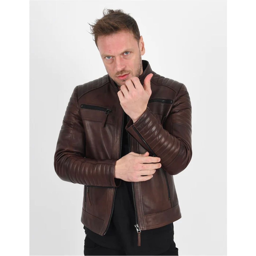 Men's Quilted Vax Brown Leather Jacket - Luxurena Leather