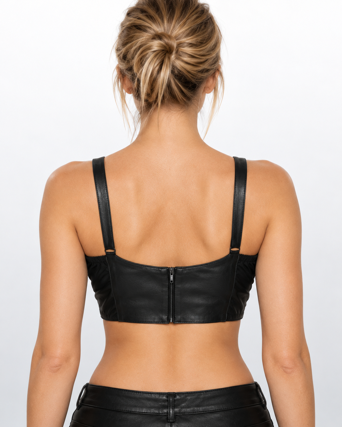 Women's Black Genuine Leather Crop Top with Adjustable Buckle Straps