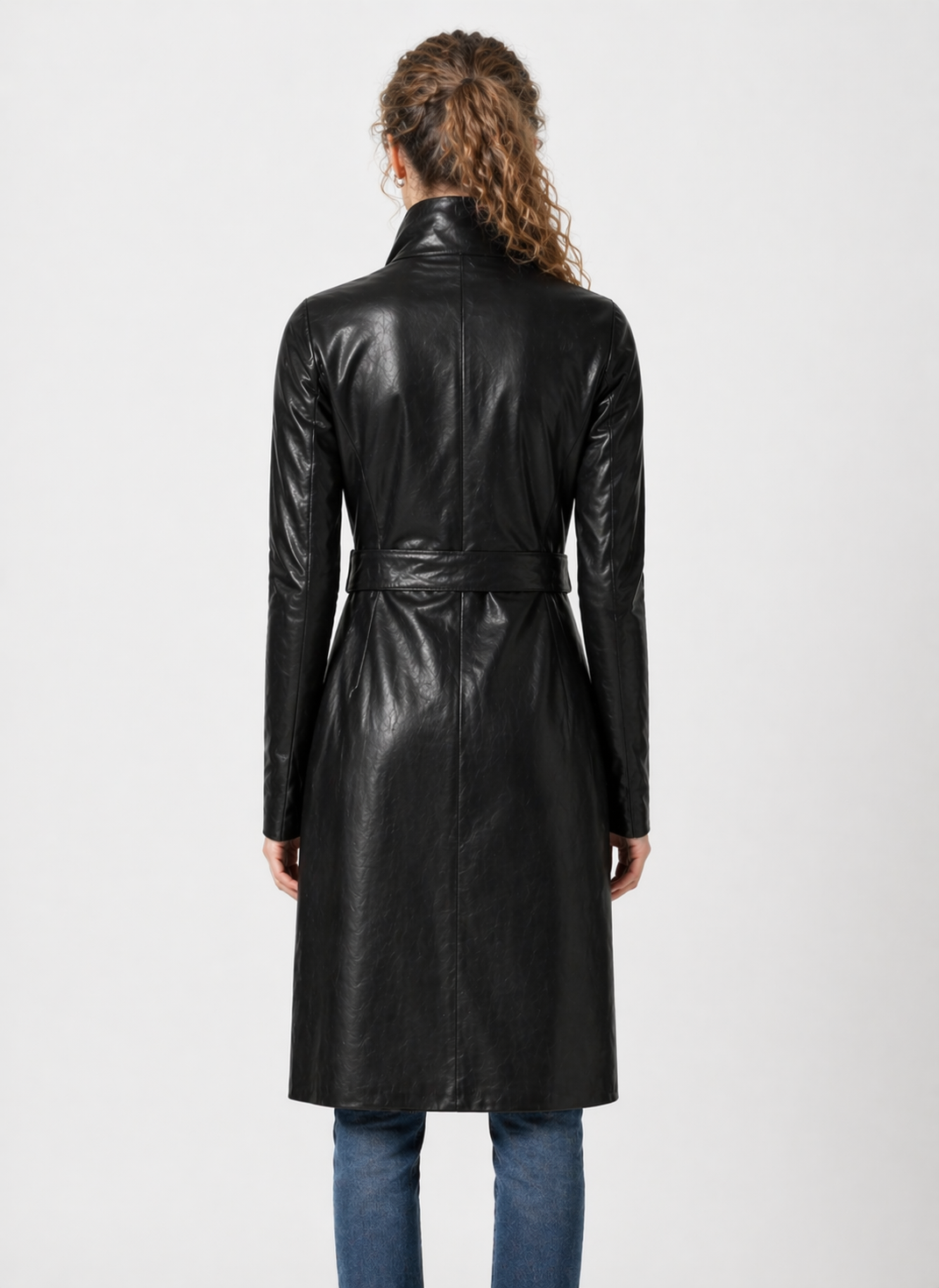Women's Black Genuine Leather High Neck Belted Long Coat - Structured Fit - Luxurena Leather