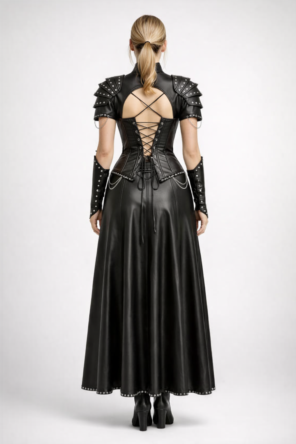 Women's Black Genuine Leather Gothic Corset Dress - Studded Armor Cosplay Costume
