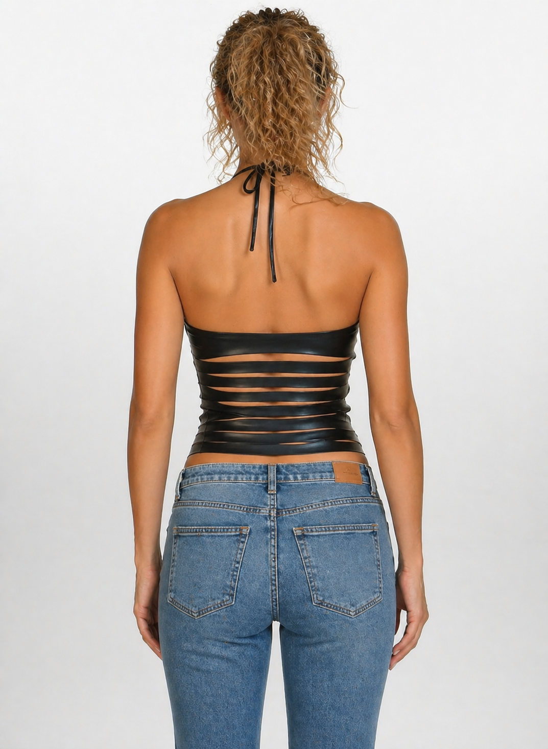 Women's Black Genuine Leather Striped Halter Top - Sculpted Bodycon Fit - Luxurena Leather