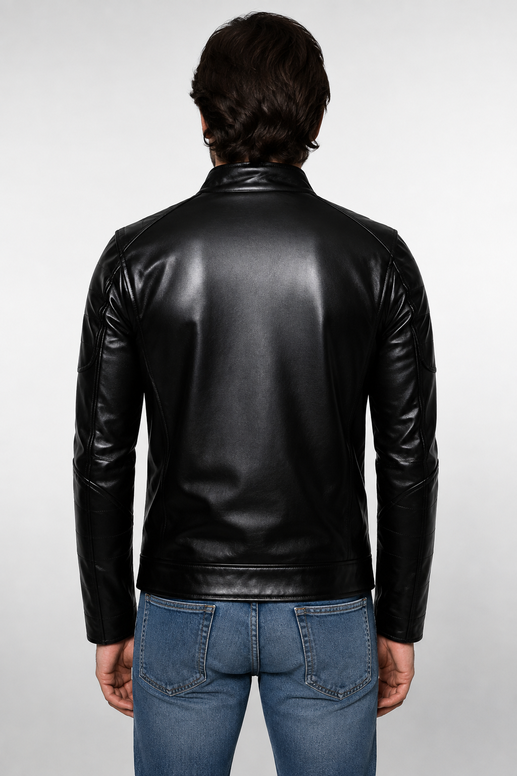 Men's Black Genuine Cowhide Leather Café Racer Jacket - Quilted Front Plain Back