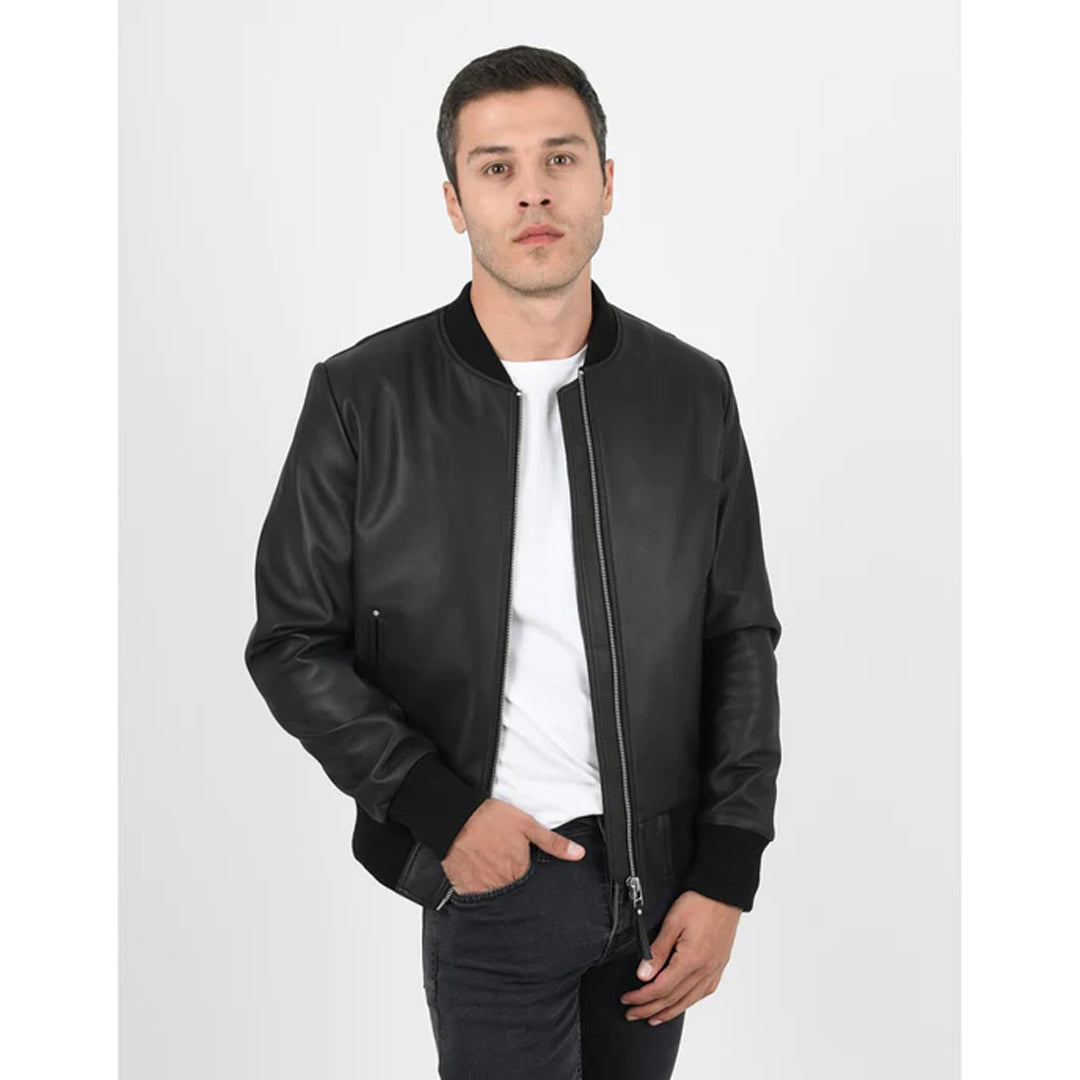 Men’s Bomber Black Leather Jacket - Luxurena Leather