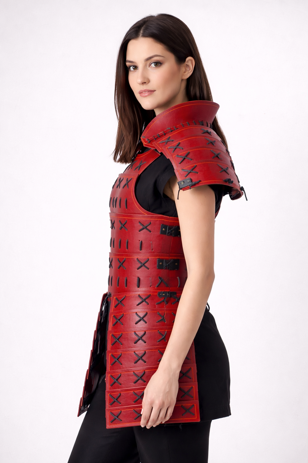 Women's Red & White Genuine Leather Samurai Armor Set - Detachable Pauldrons & Thigh Tassets Cosplay Costume