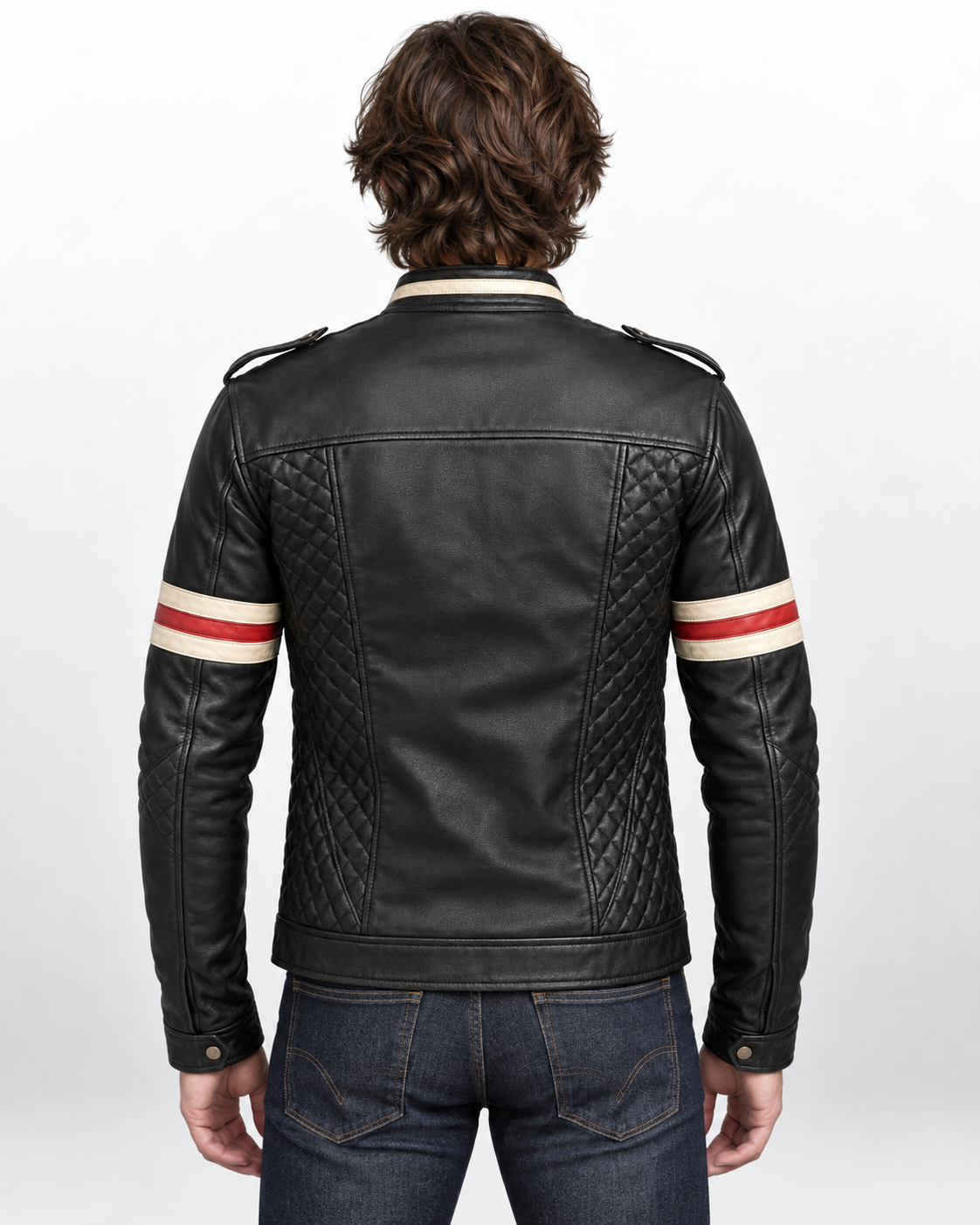 Men's Black Genuine Leather Cafe Racer Jacket with Red & White Stripes - Quilted Biker Motorcycle Jacket