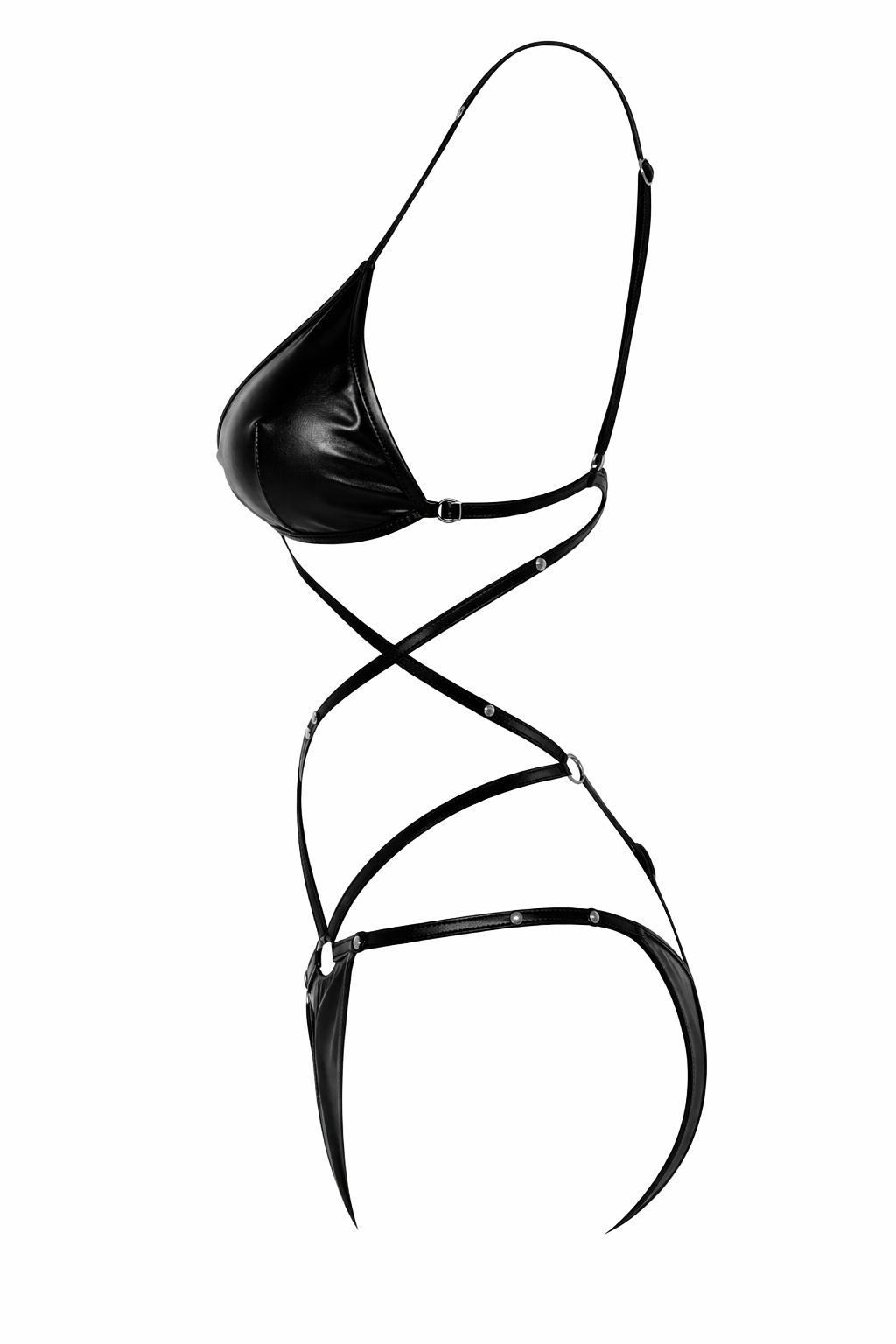 Women's Black Genuine Leather Strappy Lingerie Set - Adjustable Harness Bra & Bottom