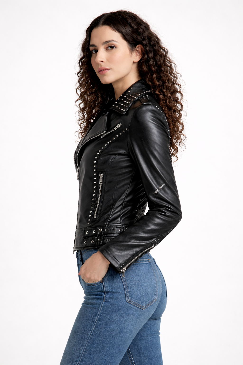 Women's Black Genuine Leather Studded Biker Jacket - Slim Fit Premium Motorcycle Style - Luxurena Leather