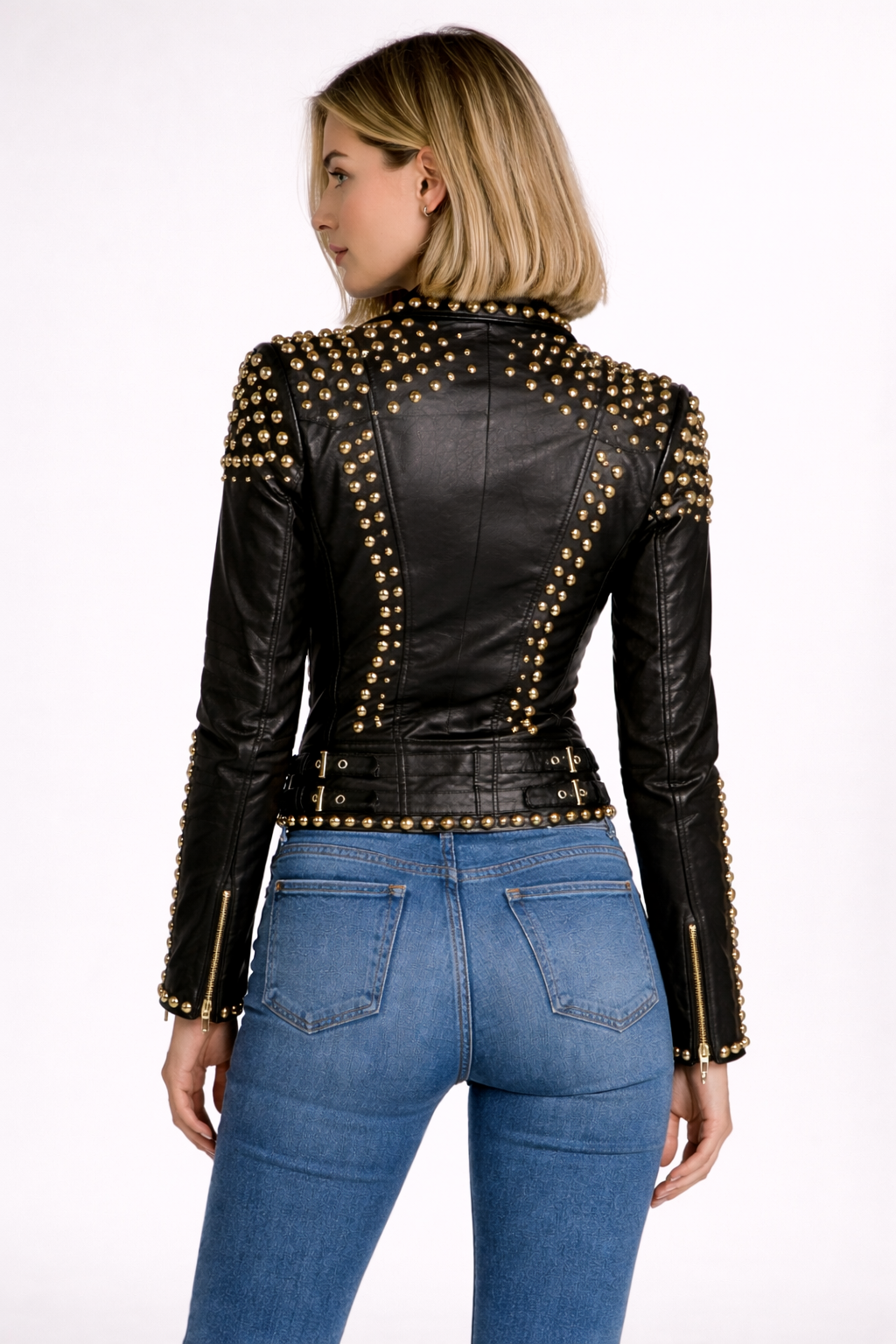 Women's Black Genuine Leather Studded Biker Jacket - Brando Style Belted Luxury Fit - Luxurena Leather
