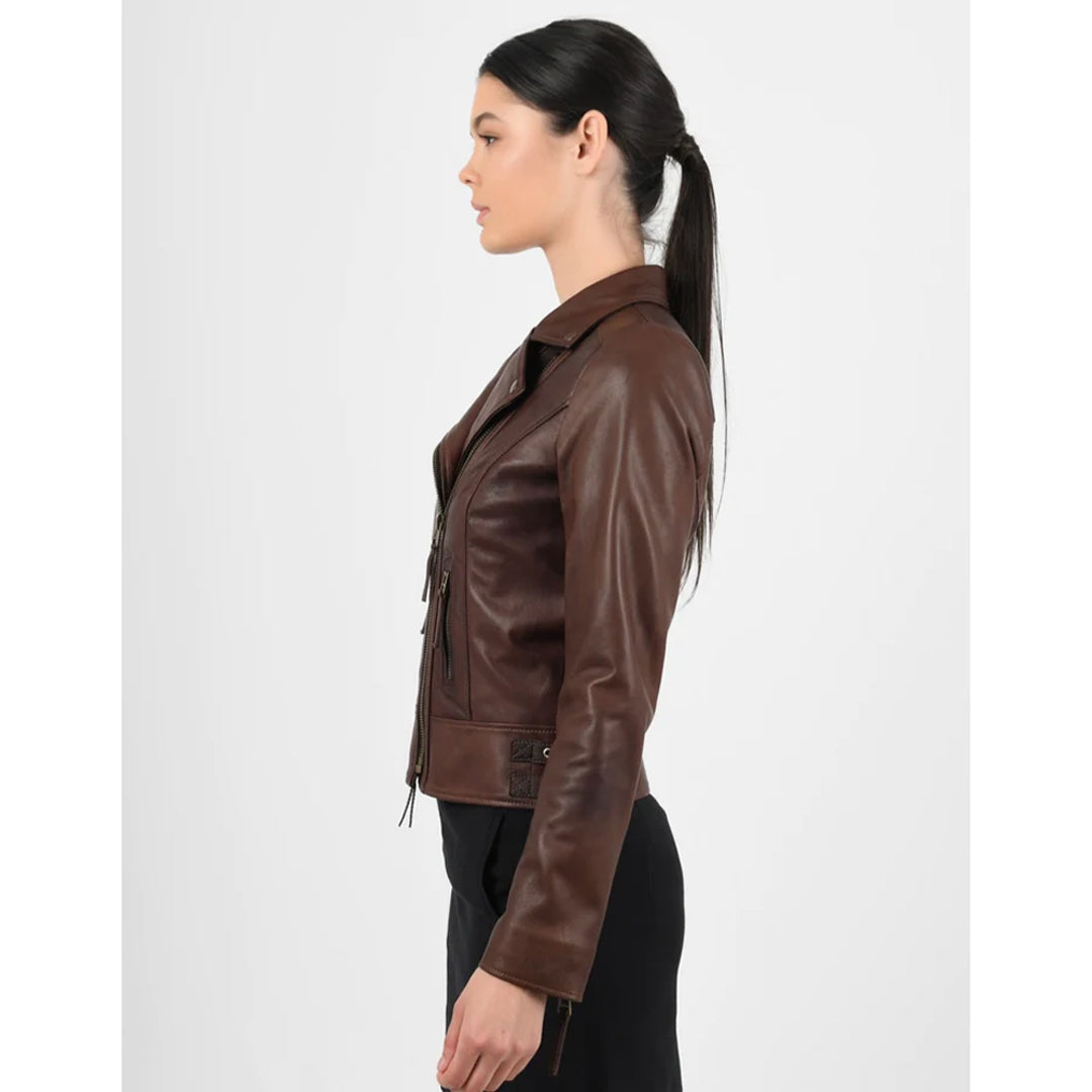 Women’s Vax Brown Classic Biker Leather Jacket - Luxurena Leather