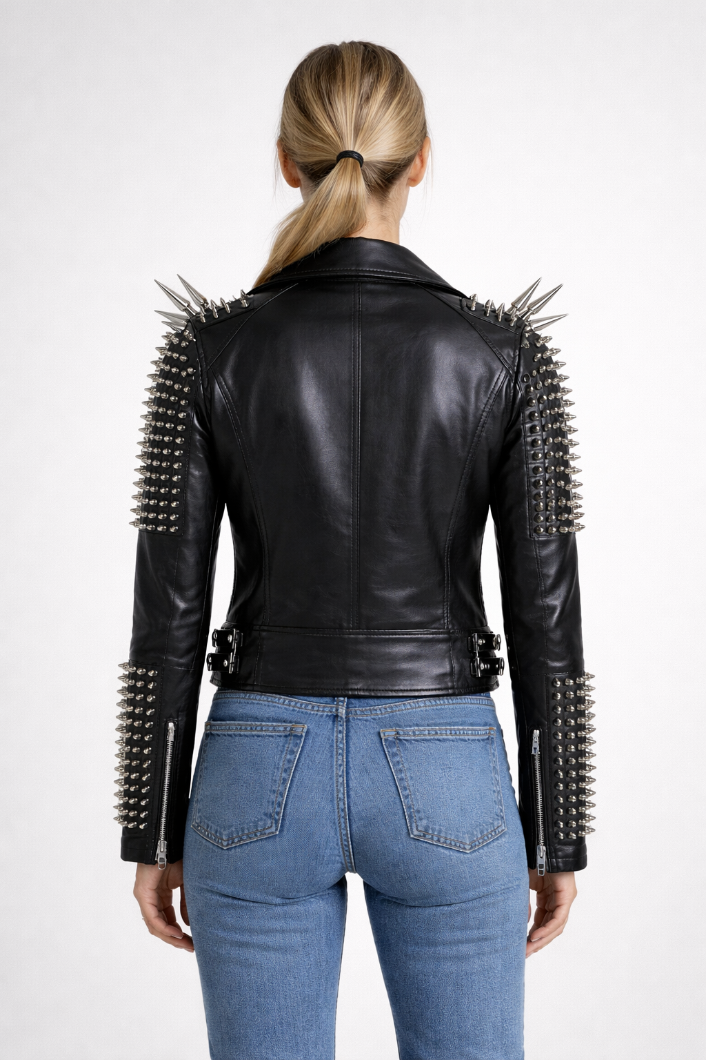 Women's Black Genuine Leather Spike Studded Cropped Jacket - Punk Style Clubwear
