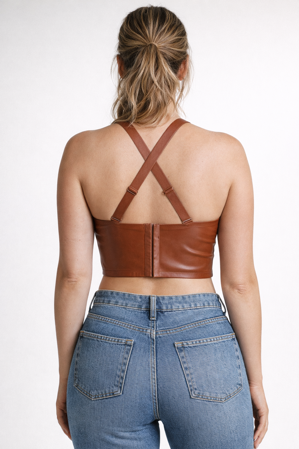Women's Brown Genuine Leather Cross Strap Longline Top - Premium Fit & Sculpted Design