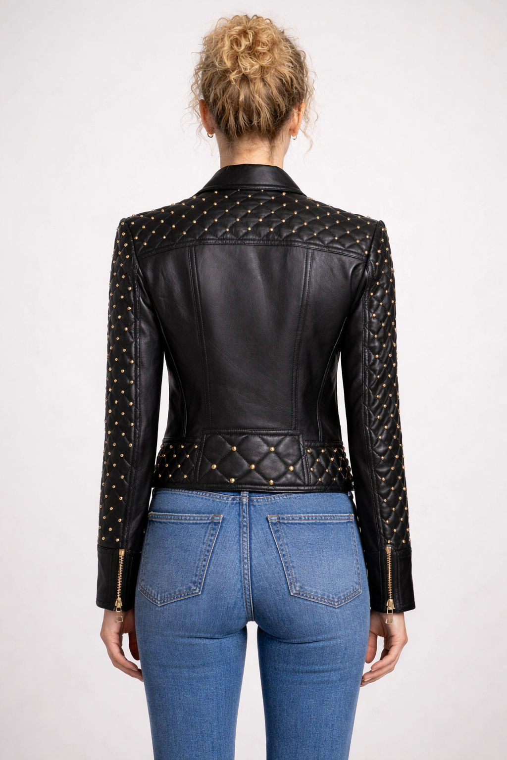 Women's Black Genuine Leather Quilted Gold Studded Brando Classic Jacket - Luxurena Leather