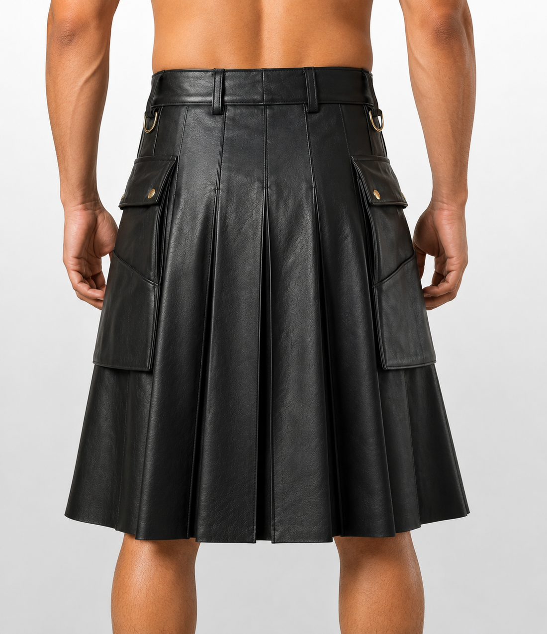 Men's Genuine Black Leather Gladiator Pleated Kilt with Utility Pockets