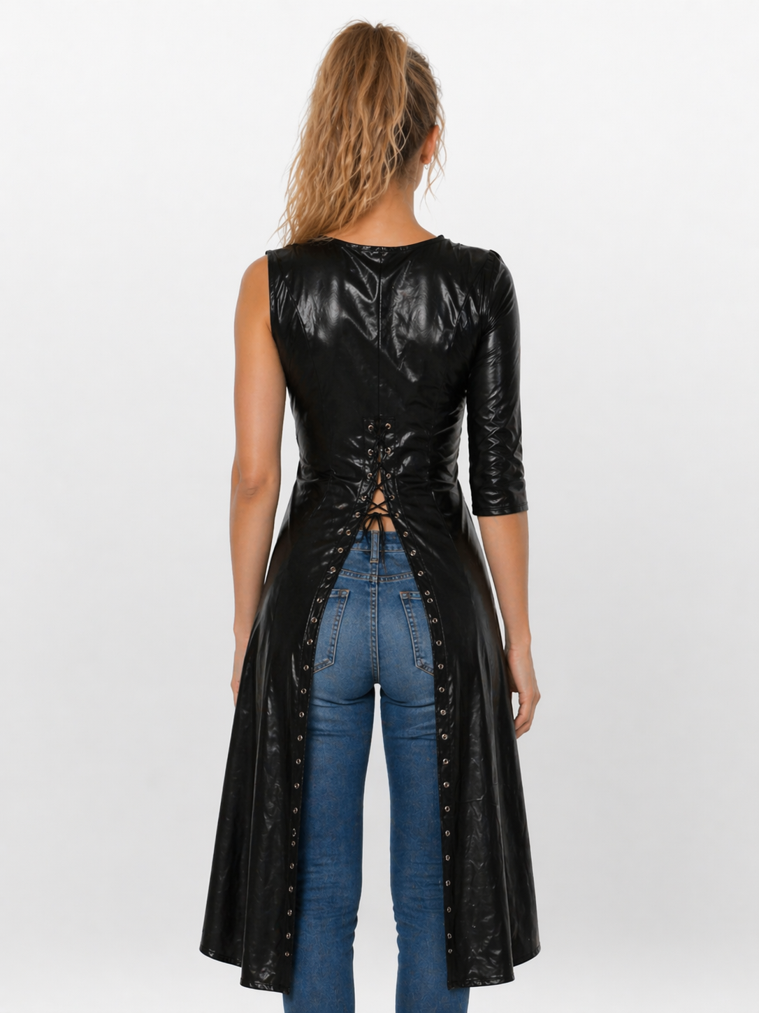 Women's Black Genuine Leather Asymmetric Single Sleeve Long Crop Dress - Sculpted Fit - Luxurena Leather
