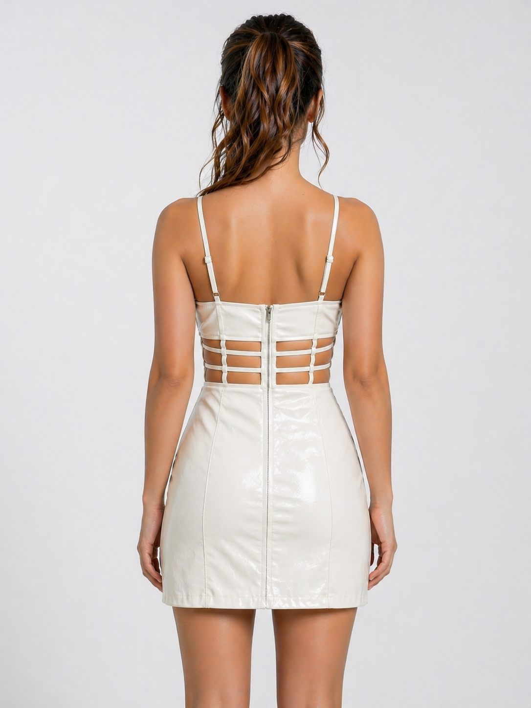 Women's White Genuine Leather Cutout Bodycon Mini Dress - Strappy Corset Style - Luxurena Leather