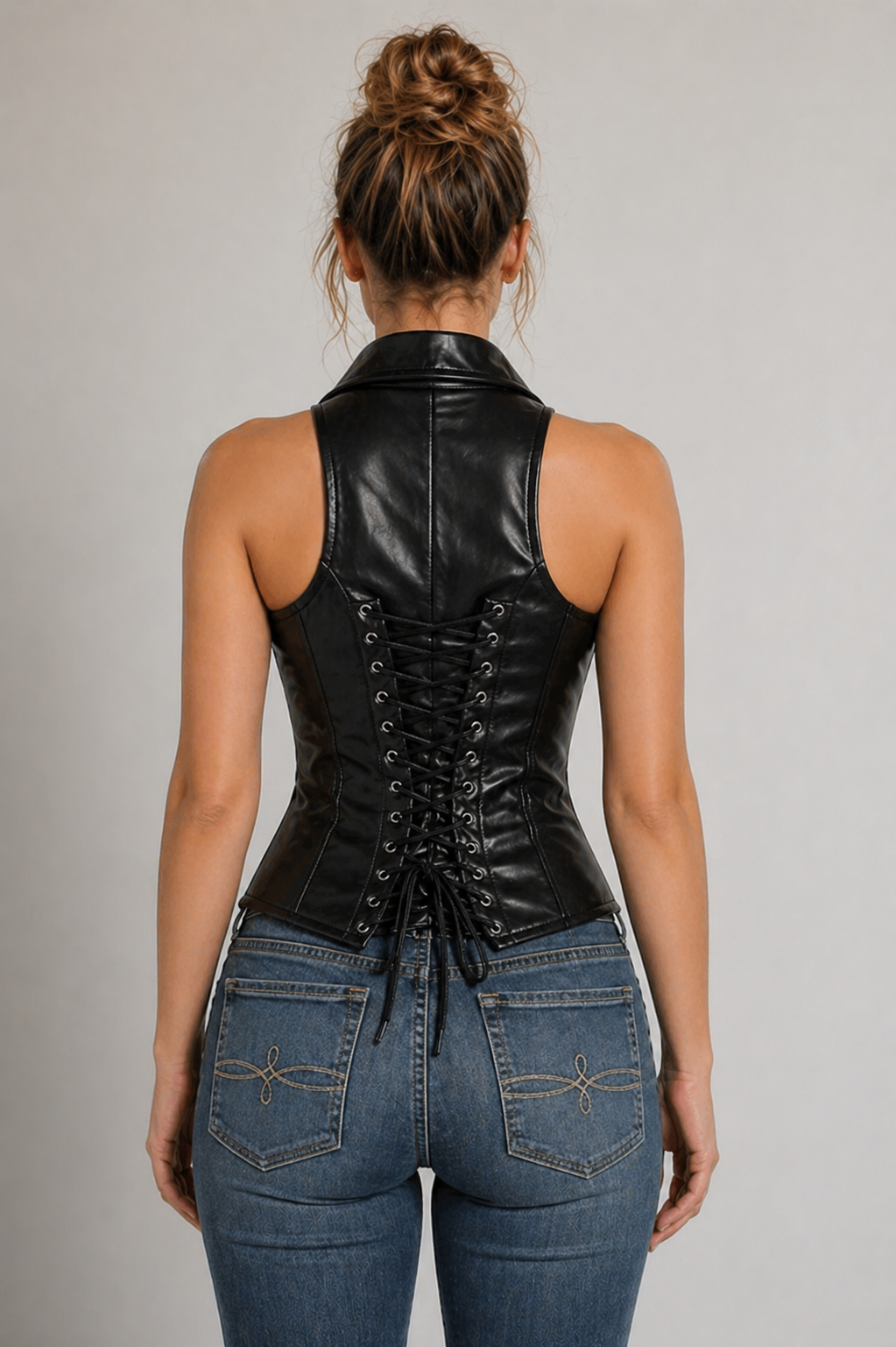 Women's Black Genuine Leather Sleeveless Front Zip Collar Top with Back Lace-Up - Luxurena Leather