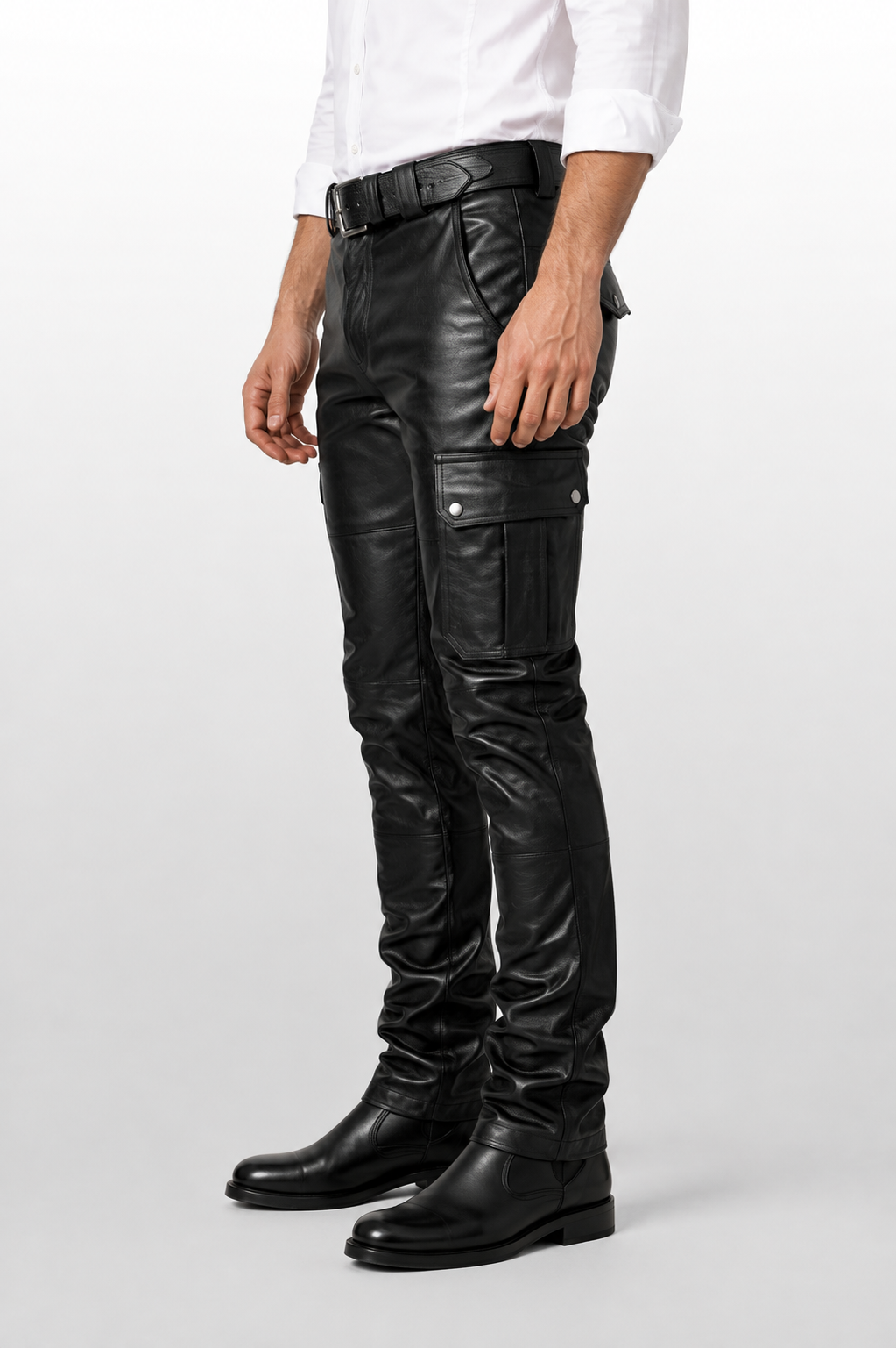 Men's Black Genuine Leather Biker Cargo Pants - Utility Pocket Motorcycle Trousers
