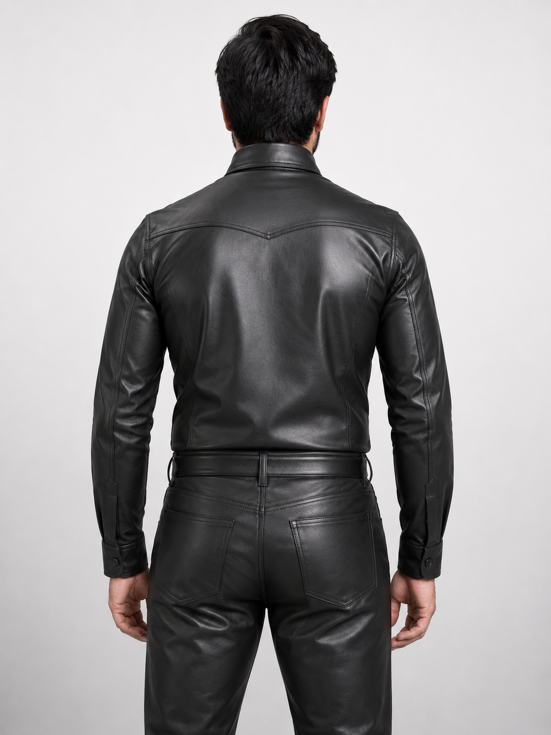 Men's Genuine Black Leather Police Military Shirt - Full Sleeve Real Leather Uniform Style Shirt