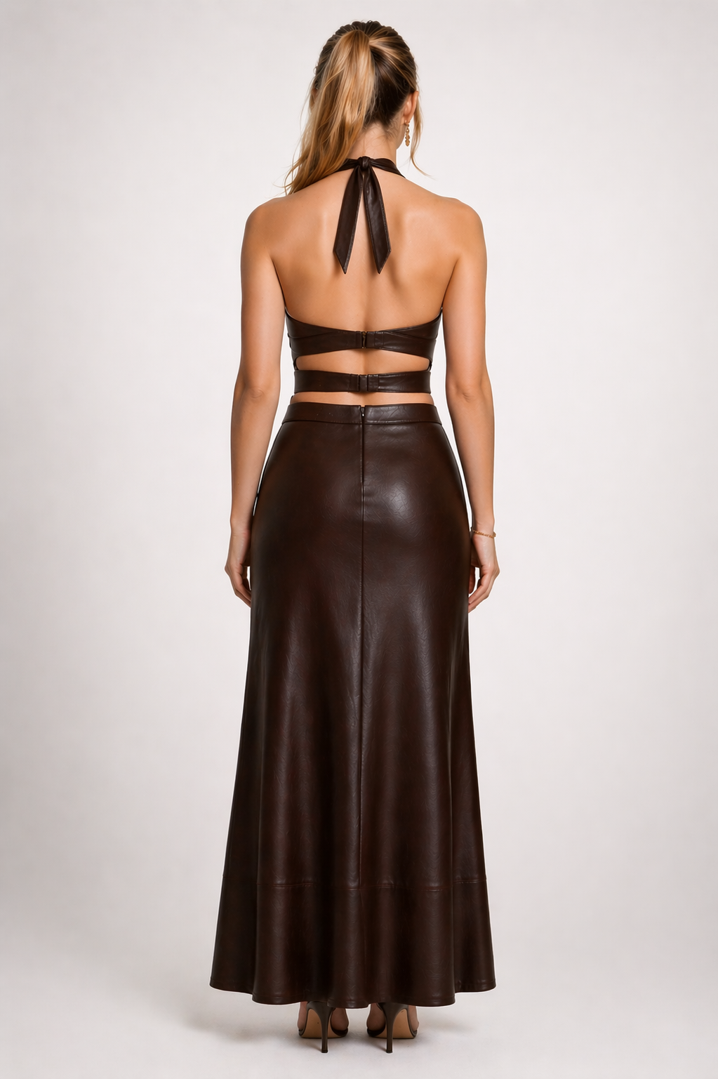 Women's Brown Genuine Leather Halter Cutout Maxi Dress with Belted Waist - Sculpted Fit Luxury Leather Gown