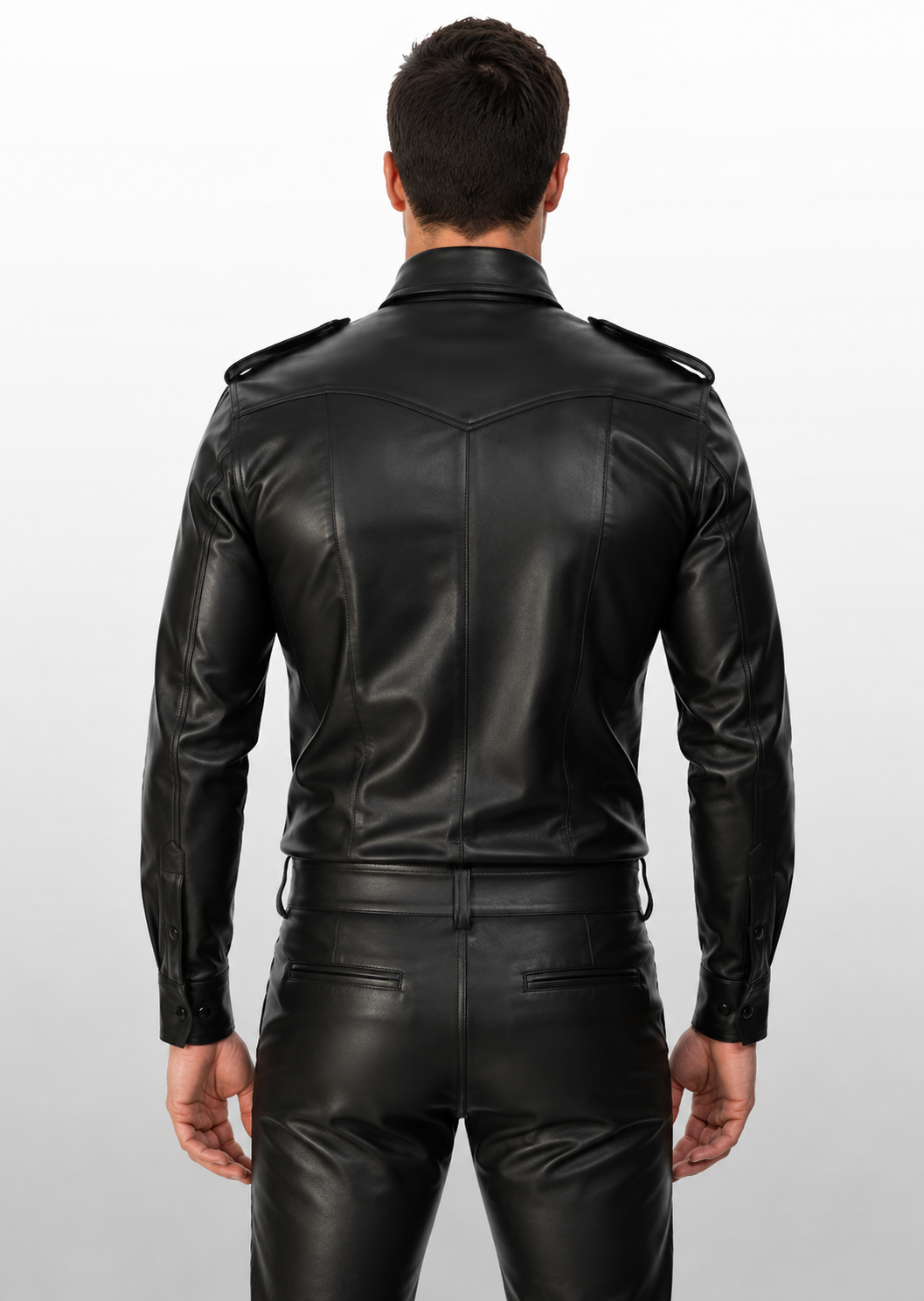 Men's Real Black Leather Police Military Style Full Sleeve Shirt