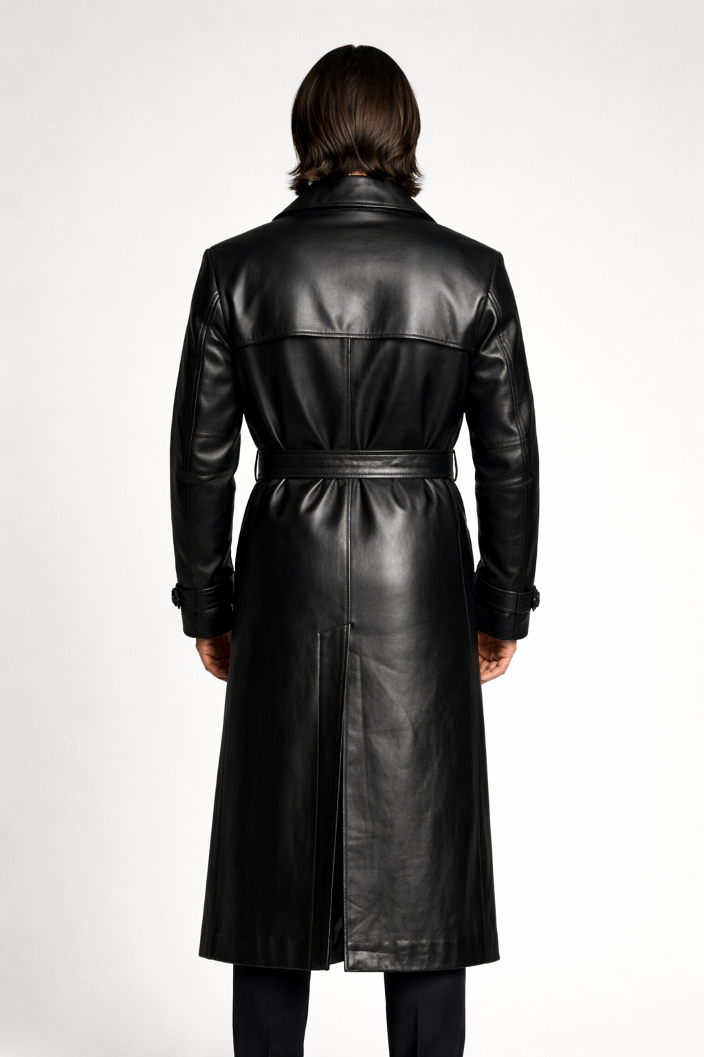 Men's Black Genuine Leather Belted Trench Coat - Classic Long Luxury Coat - Luxurena Leather