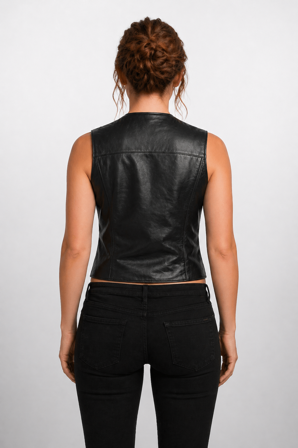 Women's Black Genuine Leather Studded Motorbike Vest - Front Zip, Fully Lined - Luxurena Leather