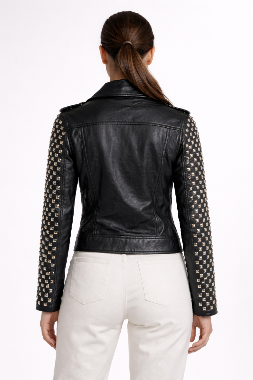 Women's Black Genuine Leather Dome Stud Jacket - Premium Studded Biker Style - Luxurena Leather