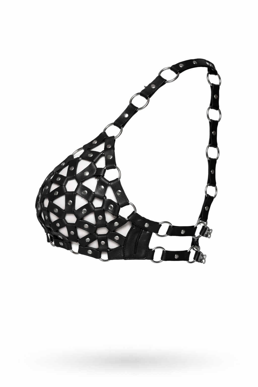 Women's Black Genuine Leather Harness Bra - Fishnet Cage Design with Metal Ring Straps - Luxurena Leather