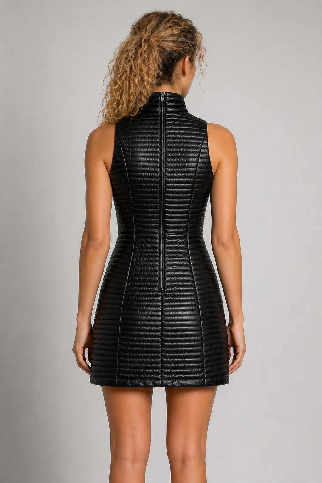 Women's Black Genuine Leather Quilted Mini Dress - Sleeveless High Neck Bodycon Fit - Luxurena Leather