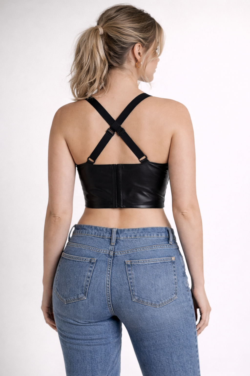 Women's Black Genuine Leather Cross Strap Longline Top - Premium Fit & Sculpted Design