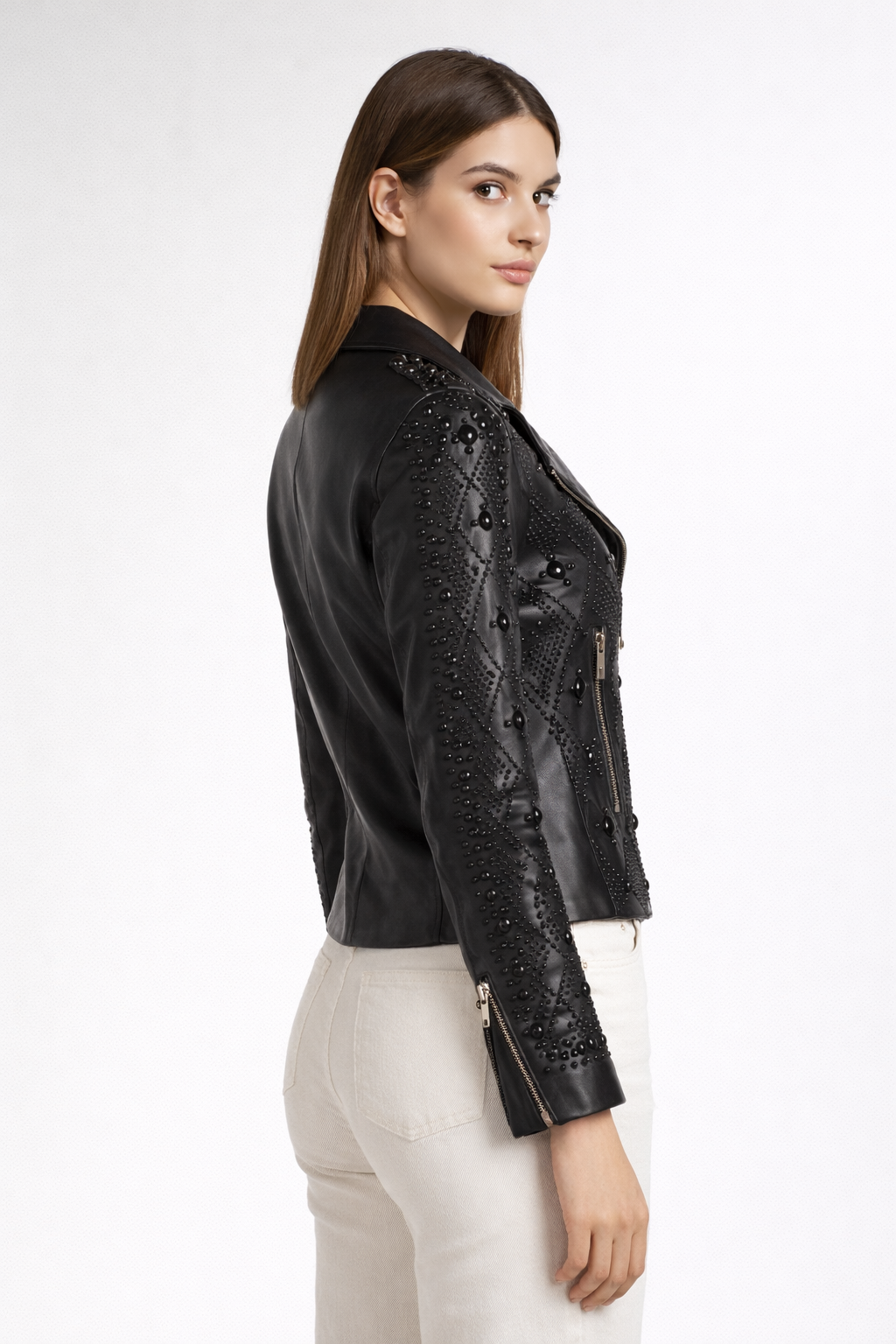 Women's Black Genuine Leather Tonal Full Studded Jacket - Slim Fit Luxury Biker Style - Luxurena Leather