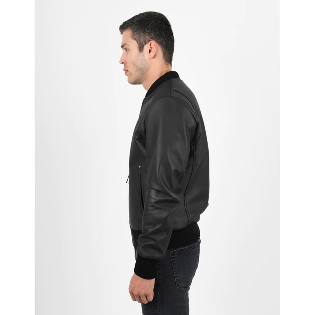 Men’s Bomber Black Leather Jacket - Luxurena Leather