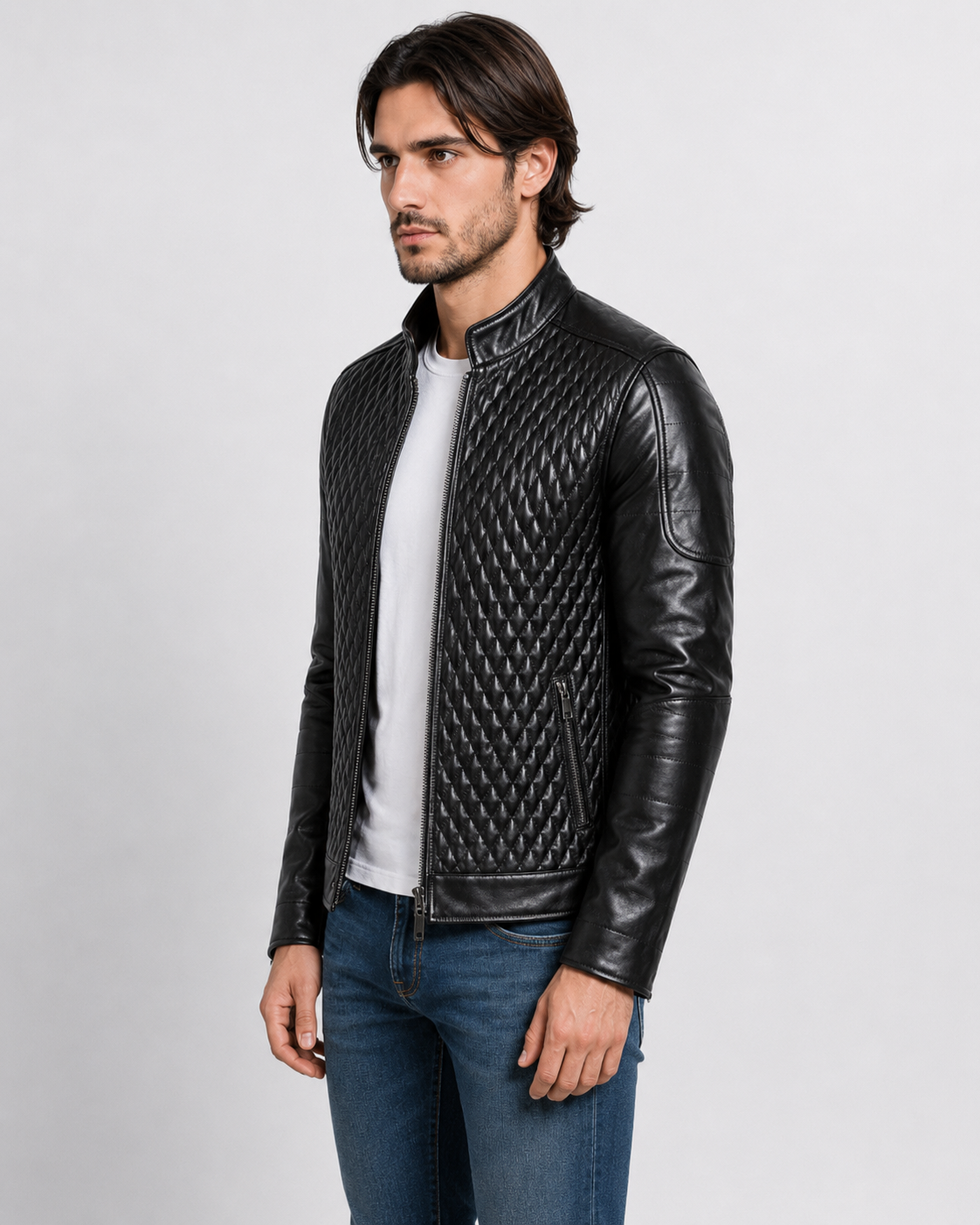 Men's Black Genuine Cowhide Leather Café Racer Jacket - Quilted Front Plain Back